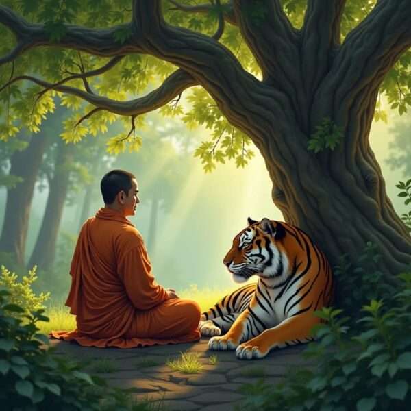 Monk Meditates with a Tiger